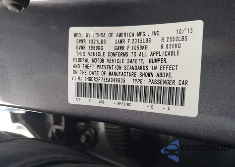2014 Honda Accord Ex z USA, uszkodzony, nr VIN 1HGCR2F75EA049605